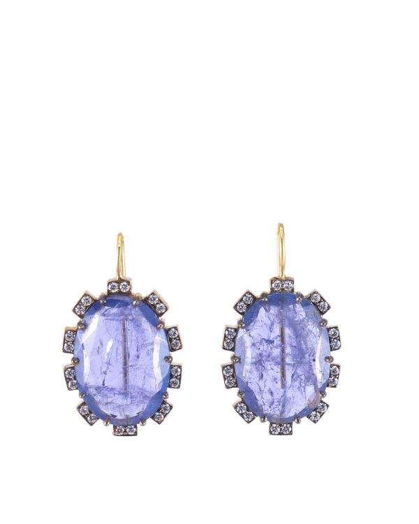 18k Gold Faceted Tanzanite Round Brilliant Cut Diamond Petal Earrings Online now