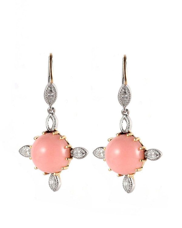 18k Gold and Platinum Pink Opal and Marquise Diamond Earrings Fashion