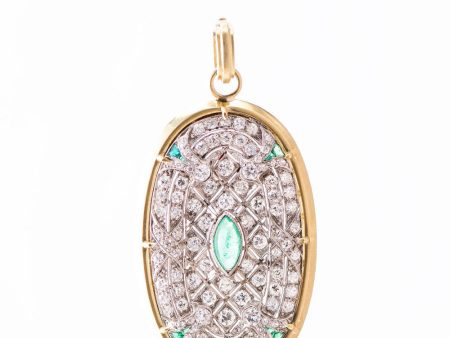 18k Gold Platinum Diamond and Emerald Art Deco Pendant Sale