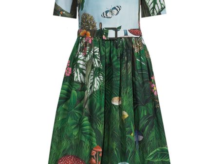 Green Multi Botanical Short Sleeve Midi Dress Sale