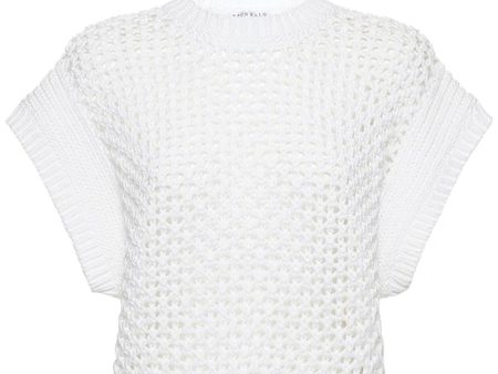 White Cotton Linen Cap Sleeve Knit Top Discount