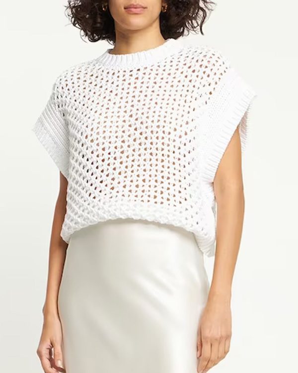 White Cotton Linen Cap Sleeve Knit Top Discount